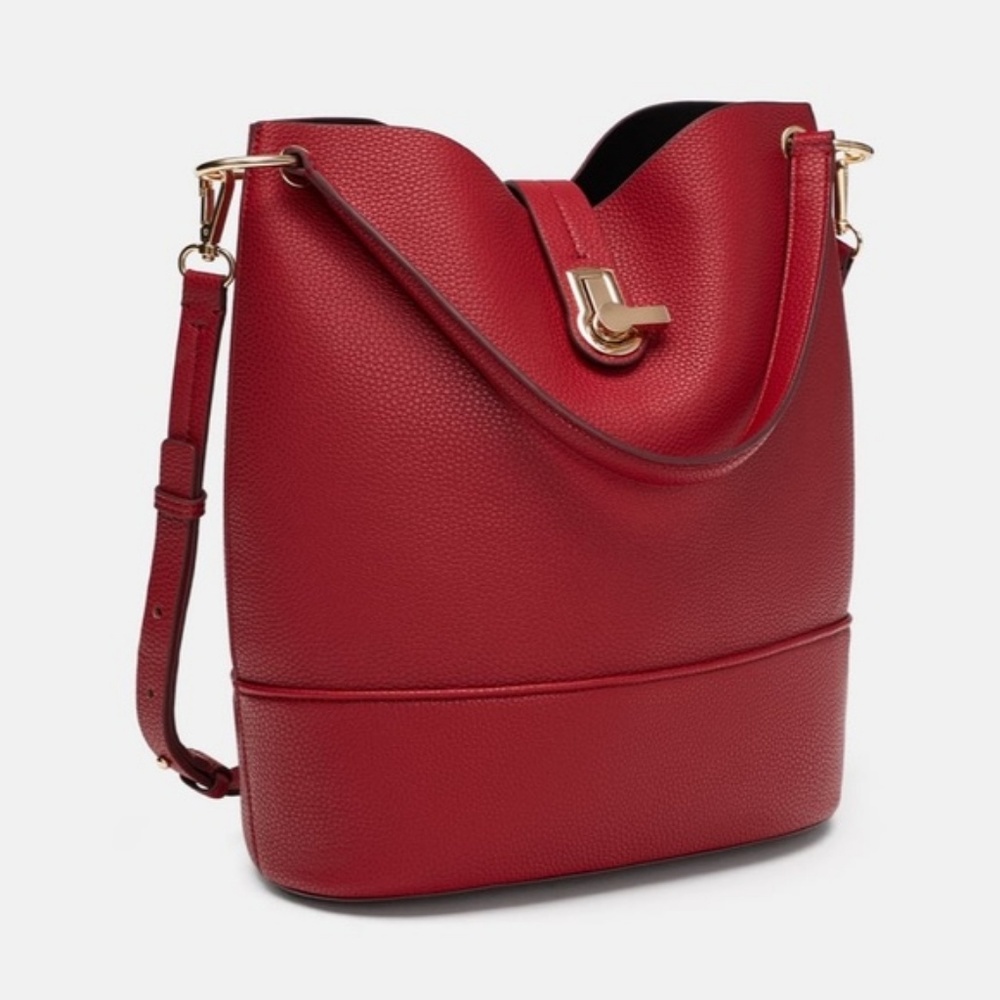 Zara Red Pebbled Leather Crossbody Bucket Bag with Gold Hardware